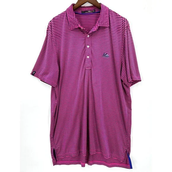 RLX Ralph Lauren Polo Shirt Mens Stripe Short Sleeve Logo Pga West Pink Navy L - Picture 1 of 10